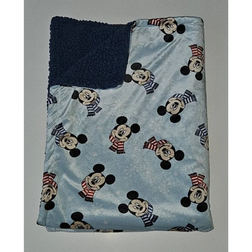 Disney Baby Mickey Mouse Fleece Blanket Blue Red Striped Scarves Snowflakes SOFT